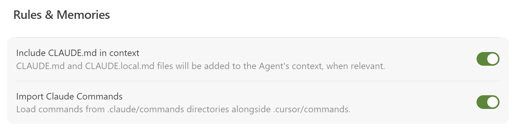 Cursor Rules and Memories configuration with CLAUDE.md file