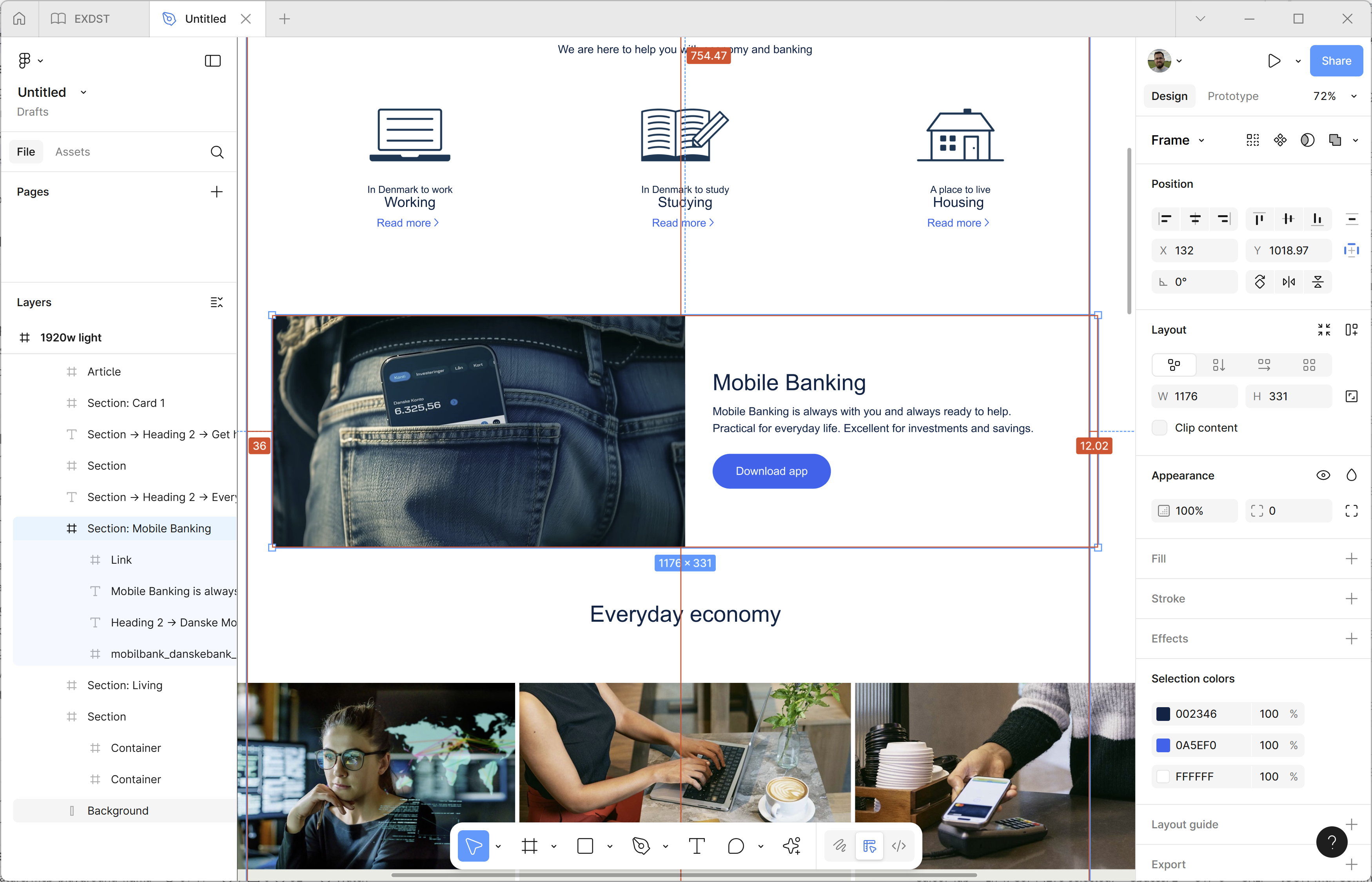 Figma interface showing selected frame for the new SectionCard component