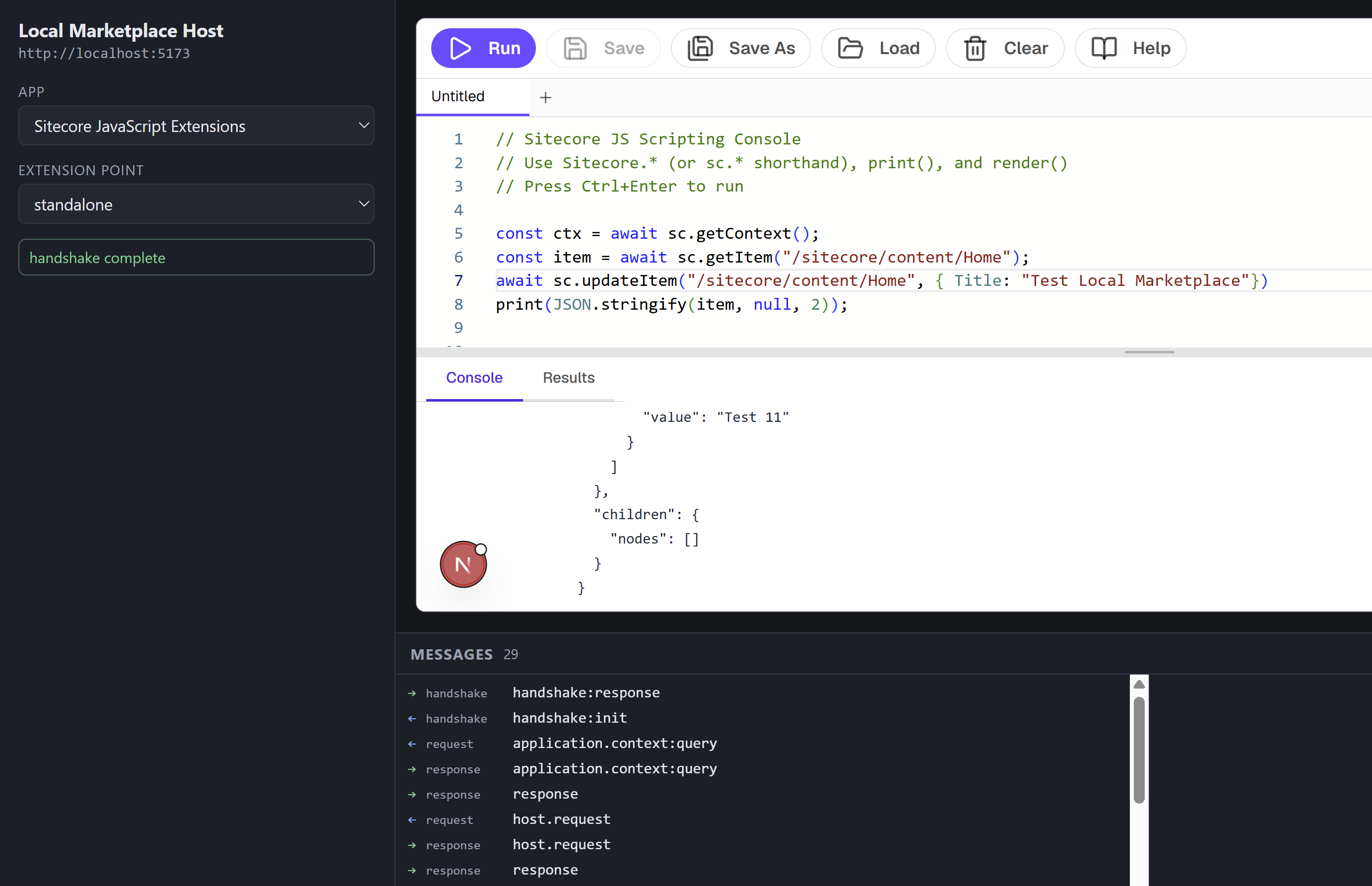 Screenshot of the Local Marketplace Host running on localhost:5173 with the Sitecore JavaScript Extensions app selected, a completed handshake, a script editor calling sc.getItem and sc.updateItem, and a log of postMessage requests and responses